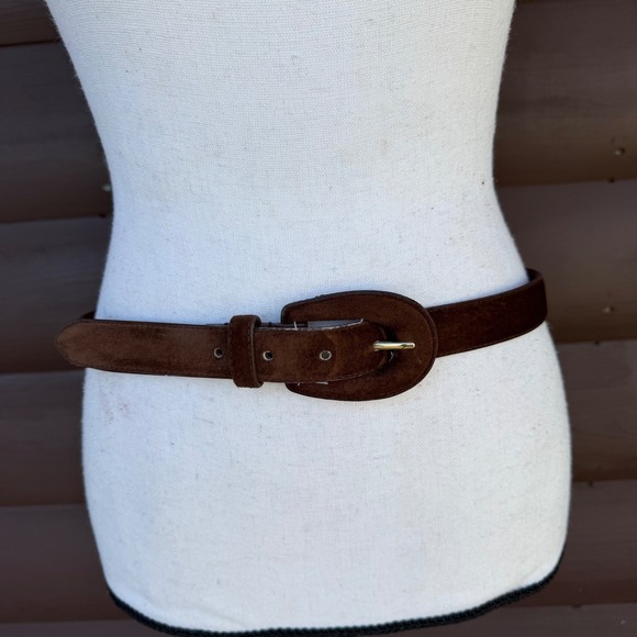 Accessories - Pig Suede Leather Belt Womens Large Dark Brown Gold Buckle Classic Boho Western